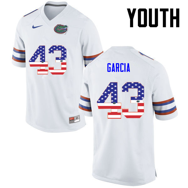 Youth Florida Gators #43 Cristian Garcia College Football USA Flag Fashion Jerseys-White